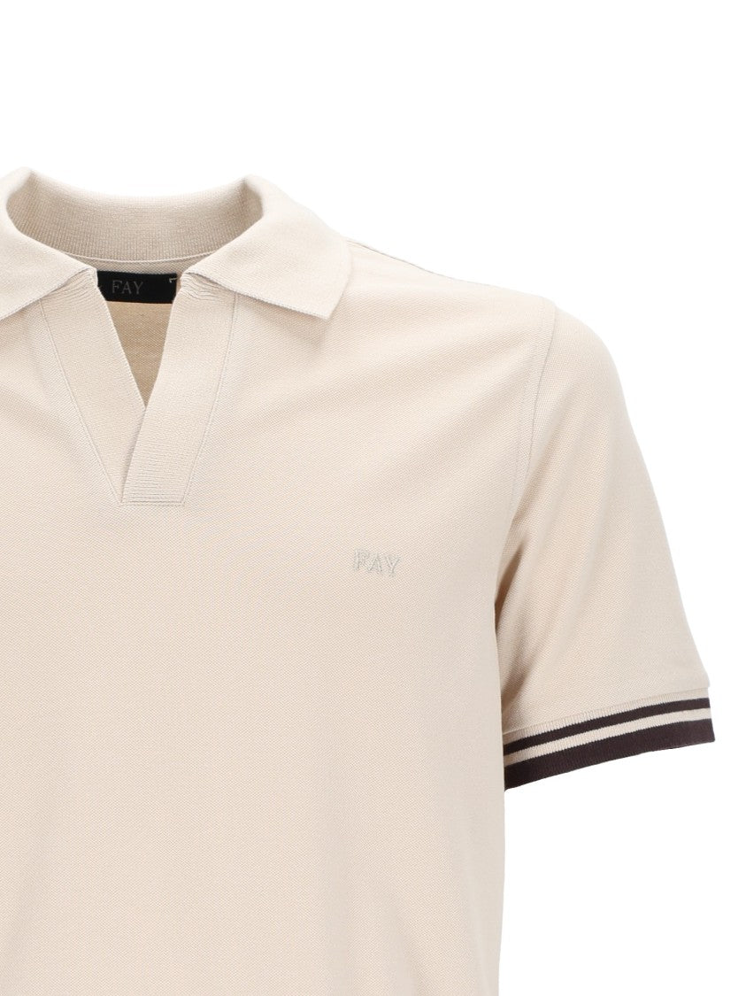 Fay Beige Striped Cuffs V Notch Polo Shirt