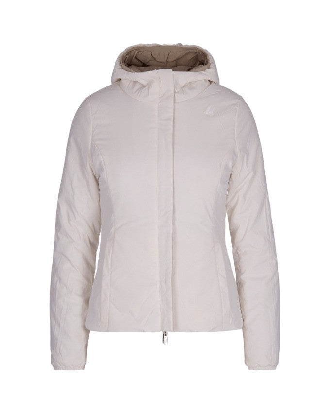 K-Way Reversible Beige And White Insulated Jacket With Adjustable Hood