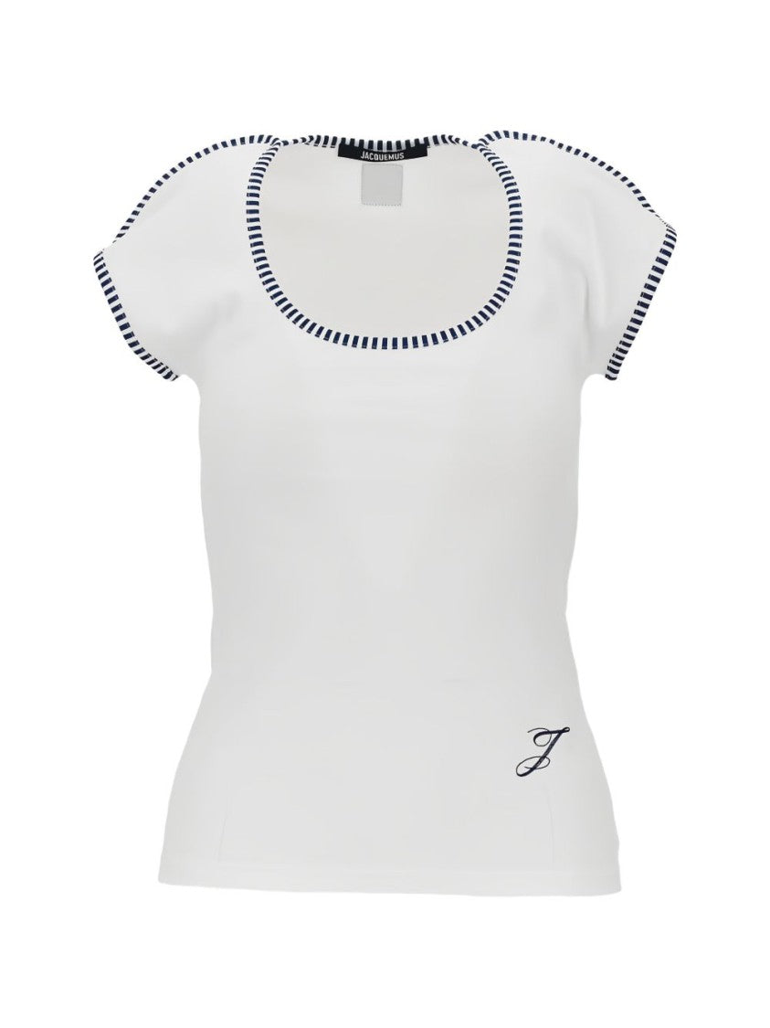 Jacquemus White Striped Trim Fitted Short-Sleeved Top