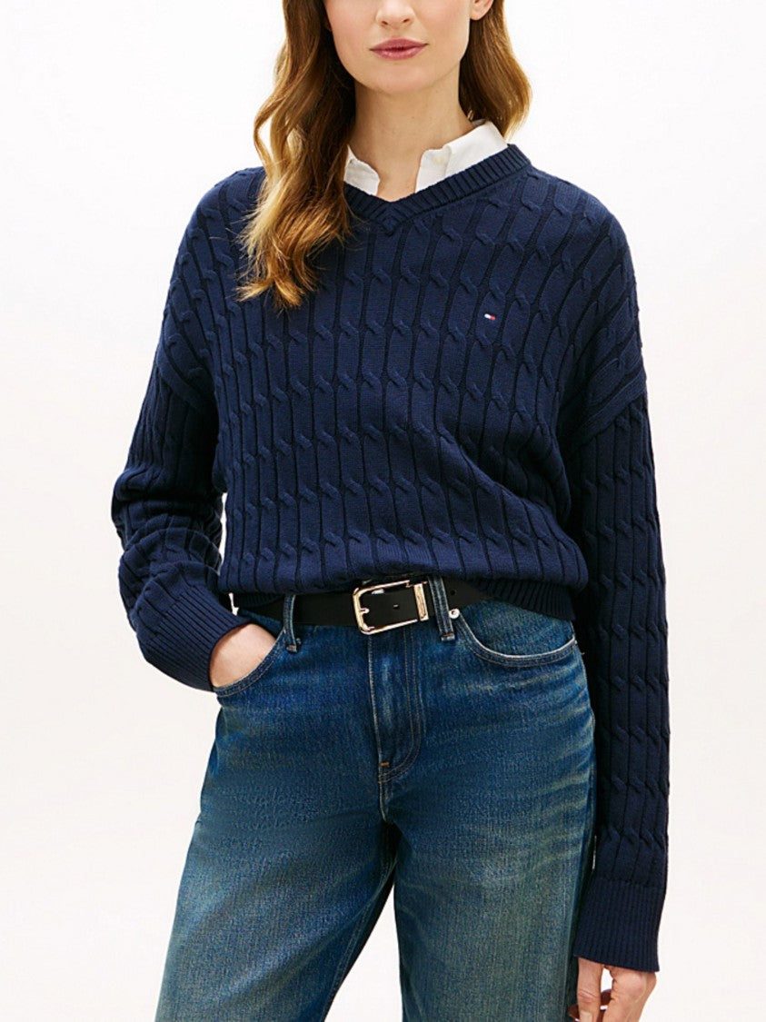 Tommy Hilfiger Cable Knit V Neck Pullover Sweater