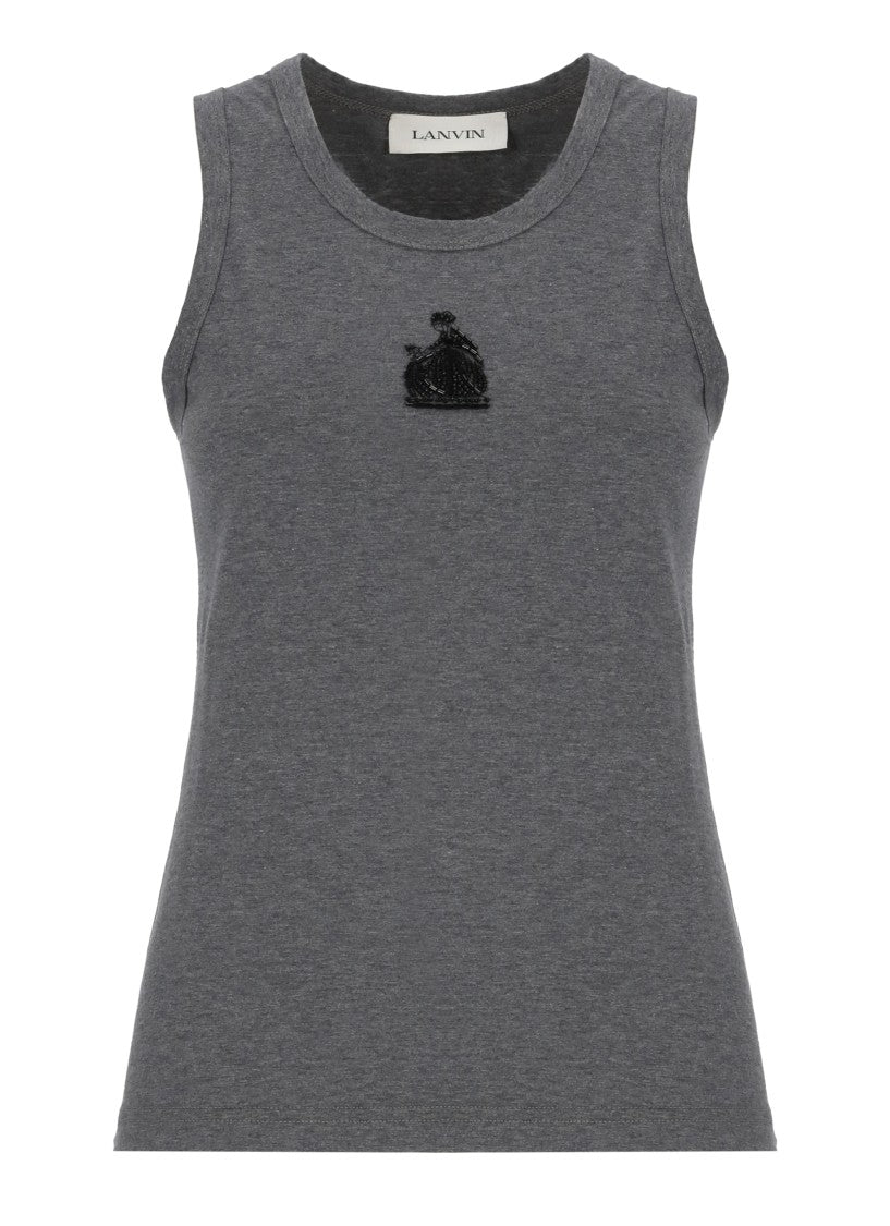 Lanvin Grey Beaded Embroidered Cotton Tank Top