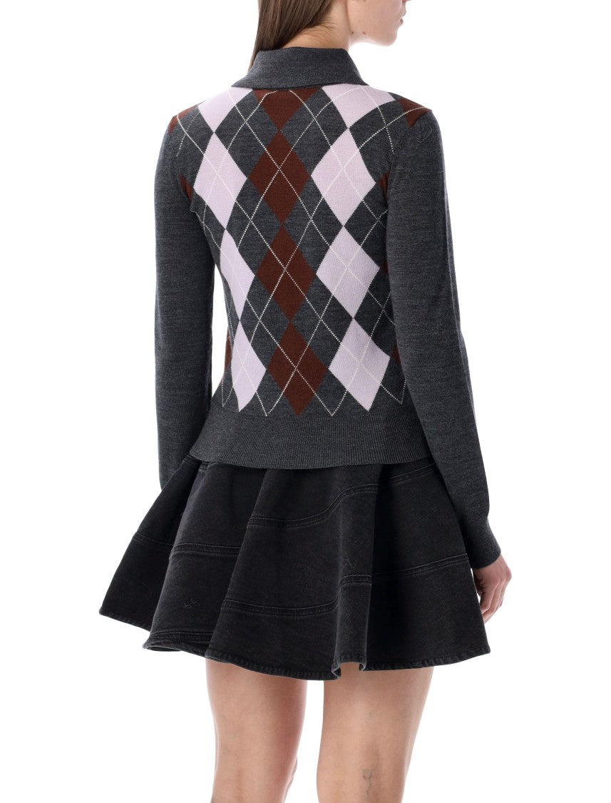 Self-Portrait Argyle Knit Jewel Button Check Top