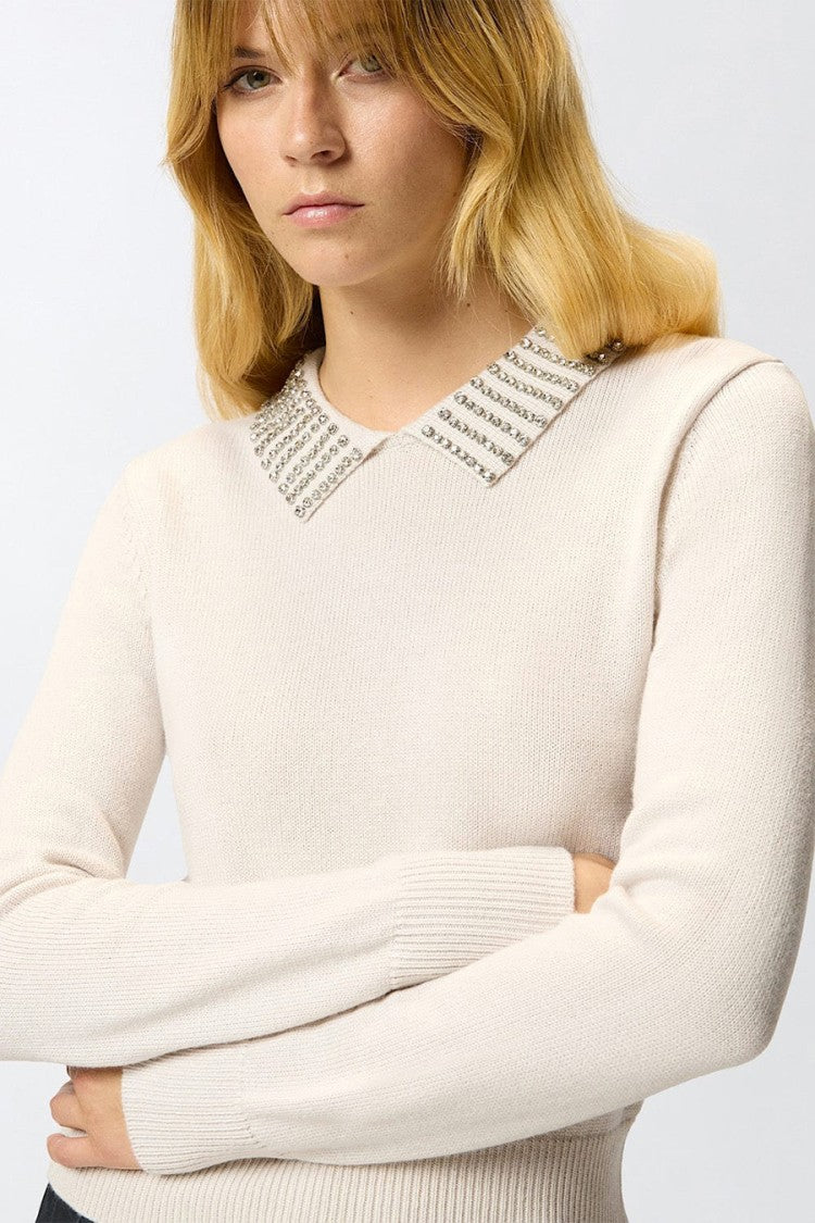 Pinko Ivory Crystal-Embellished Nylon-Blend Sweater