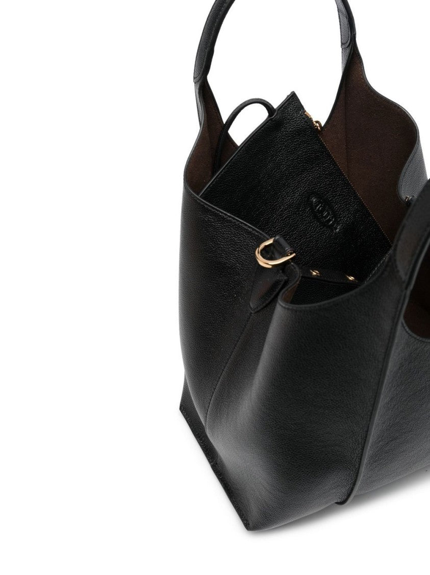 Tod's Spacious Black Leather Tote With Gold-Tone Buckle Closure