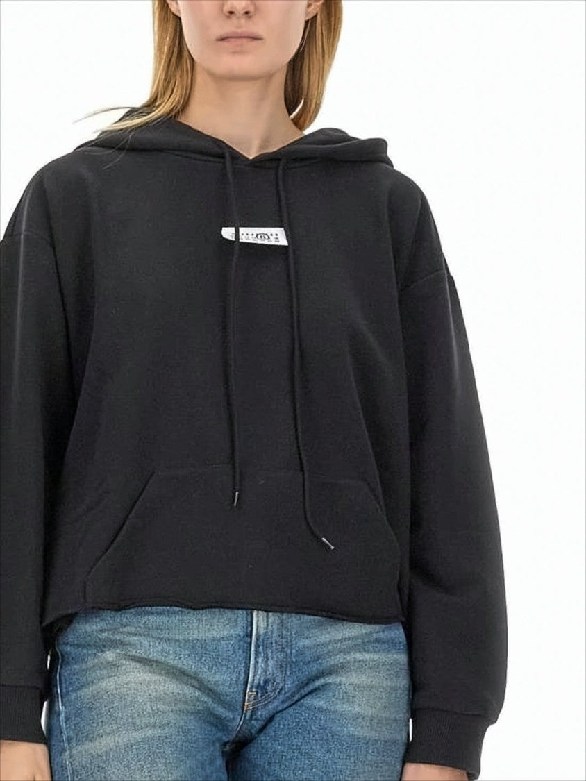 Mm6 By Maison Margiela Cropped Black Hoodie With Drawstring And Modern Aesthetic