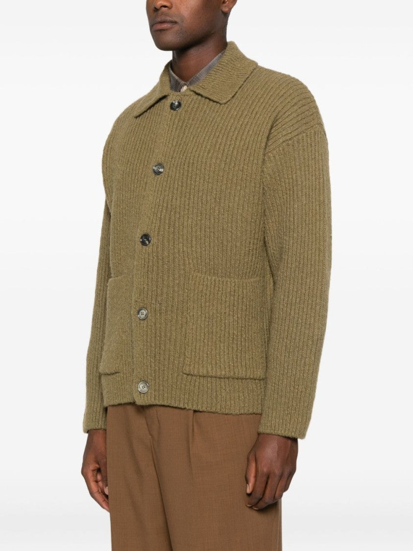 Ami Paris Brown Green Ribbed Point Collar Sweater