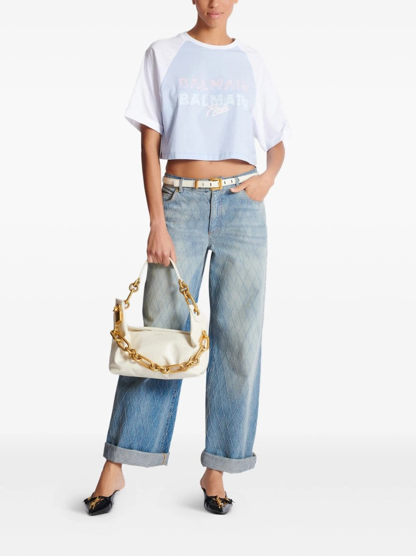 Balmain Light Blue Cropped Organic Cotton T-Shirt