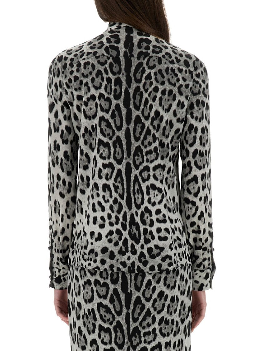 Dolce & Gabbana Leopard Print Bow Charmeuse Shirt