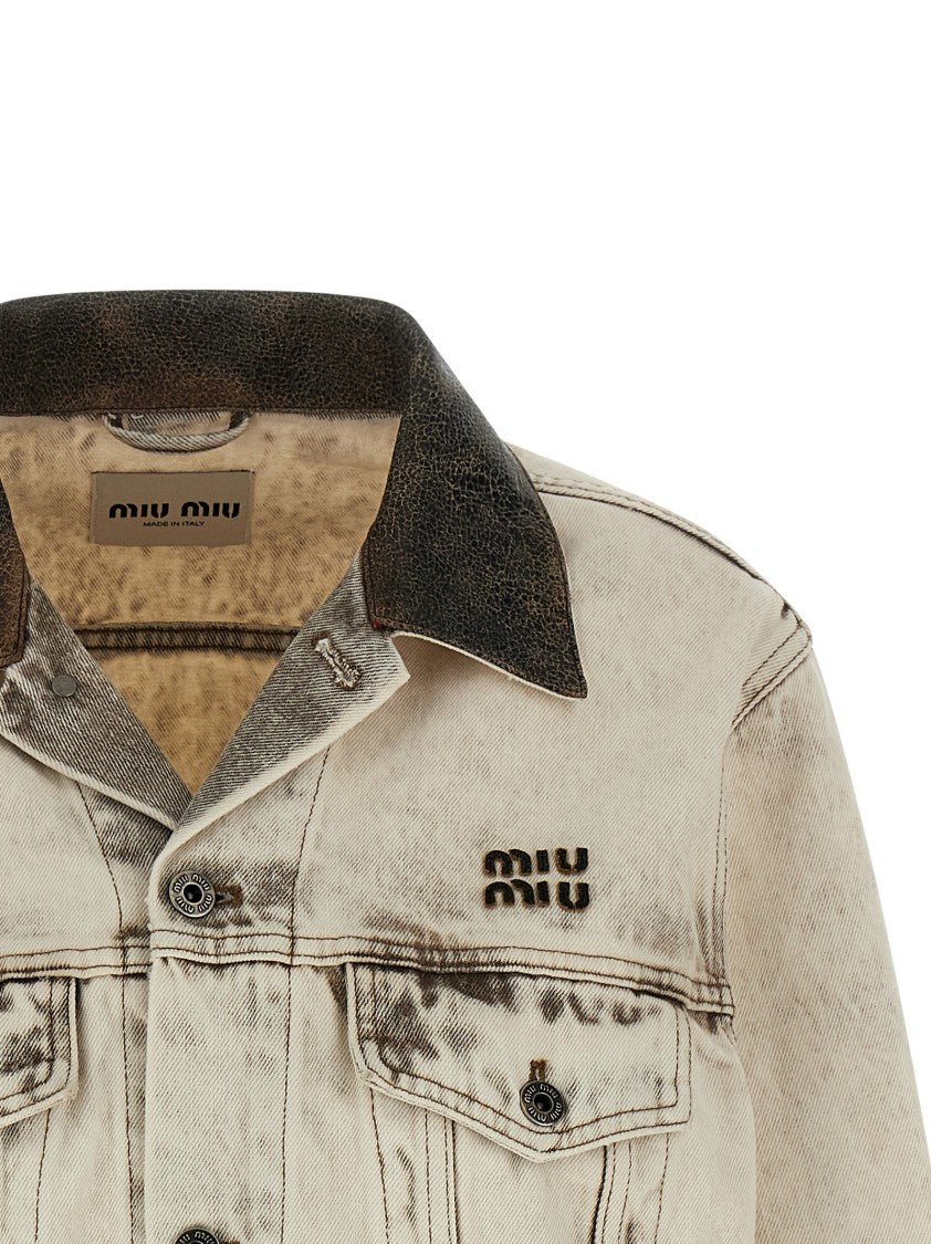 Miu Miu Stone Washed Denim Jacket With Craquelé Leather Accents
