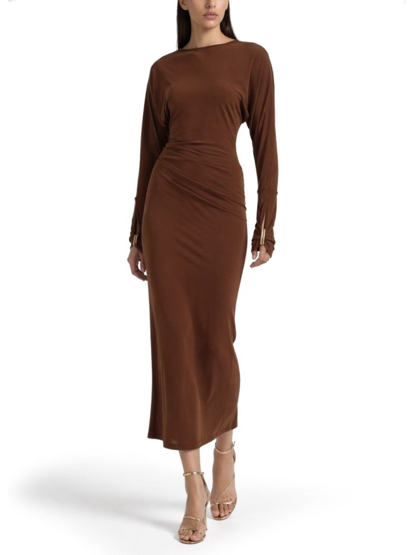 Max Mara Draped Midi Dress With Gathered Cuffs And Gold Accents