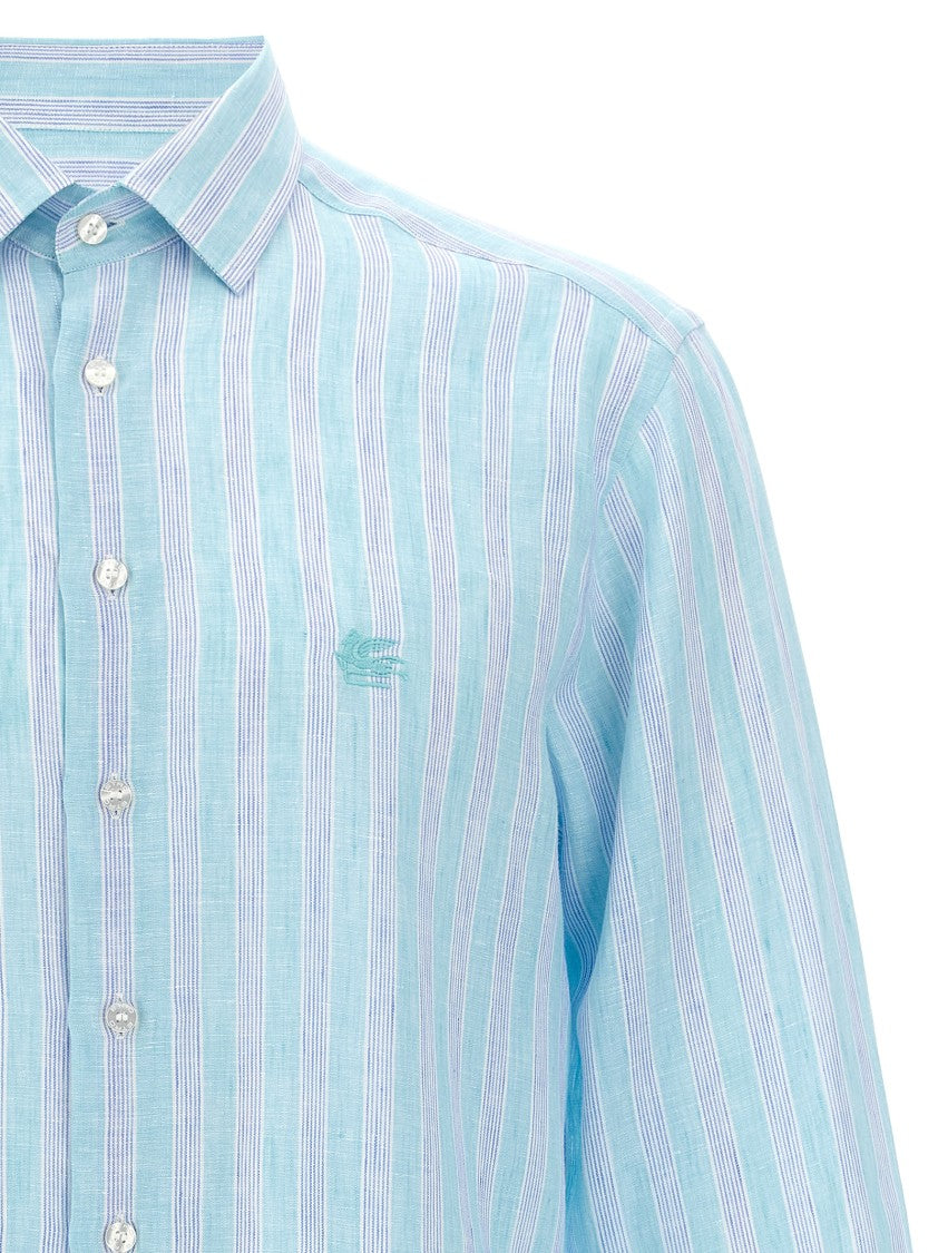Etro Striped Linen Shirt With Embroidered Pegaso Logo