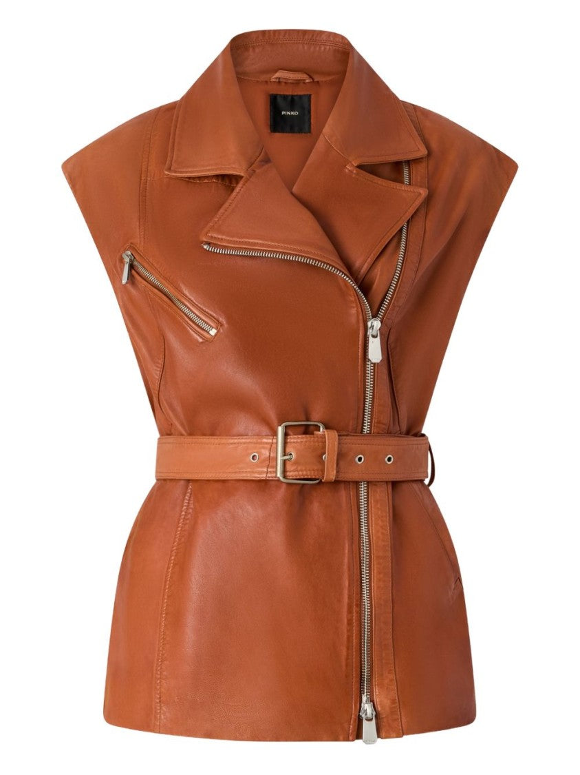 Pinko Sleeveless Brown Leather Jacket