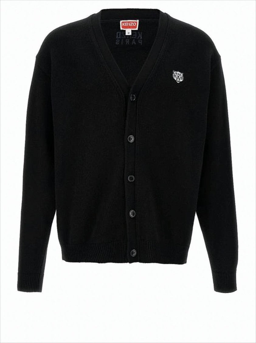 Kenzo Black Wool Cardigan With V-Neckline And Embroidered Details