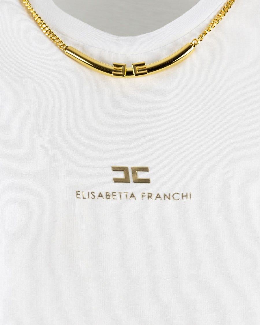 Elisabetta Franchi White Cotton Jersey T-Shirt With Necklace Detail