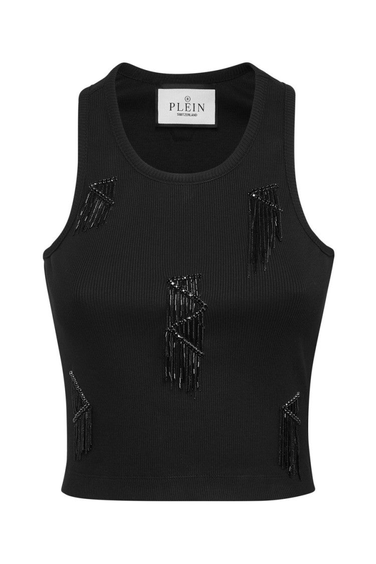Philipp Plein Black Ribbed Beaded-Fringe Tank