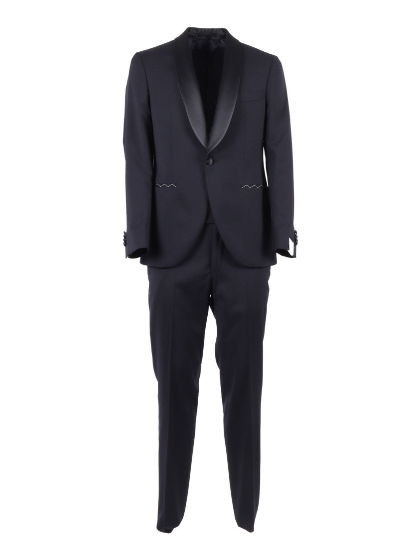 Luigi Bianchi Blue Satin Shawl Collar Suit