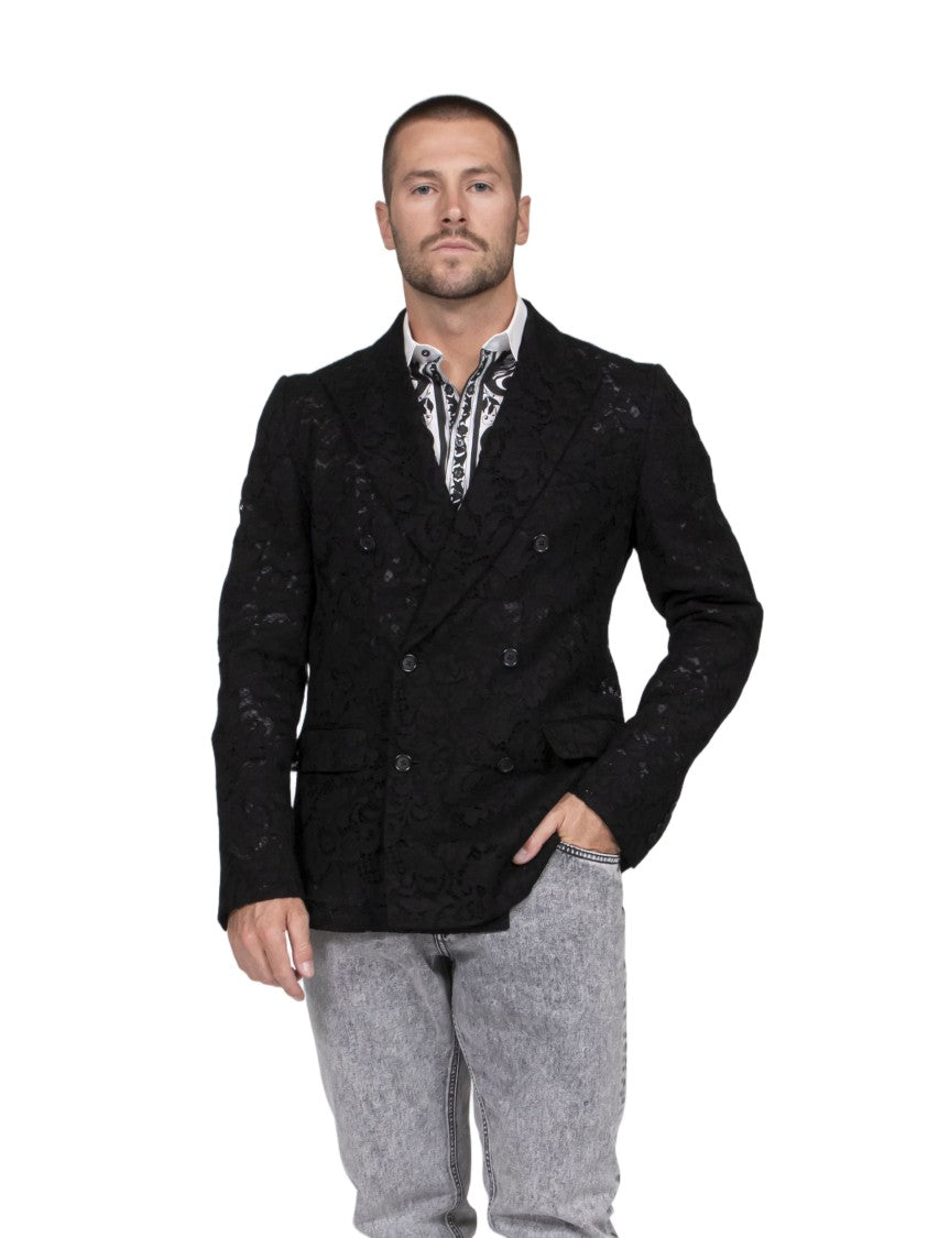 Dolce & Gabbana Black Lace Overlay Double-Breasted Tailored Jacket