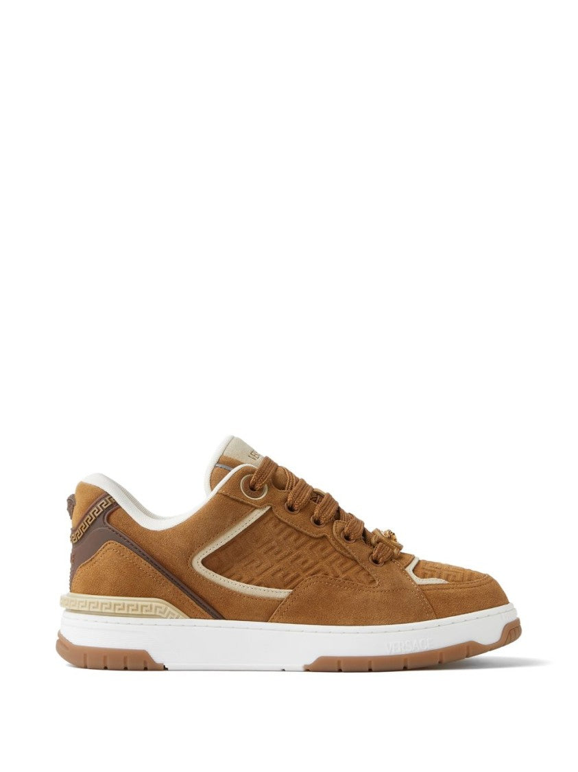 Versace Brown Suede Embossed Pattern Silk Nylon Sneakers