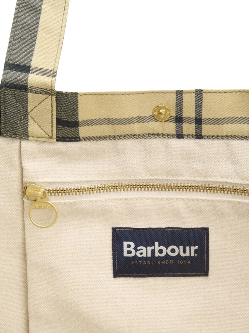 Barbour Checkered Pattern Tote Bag With Bold Logo And Zippered Pocket