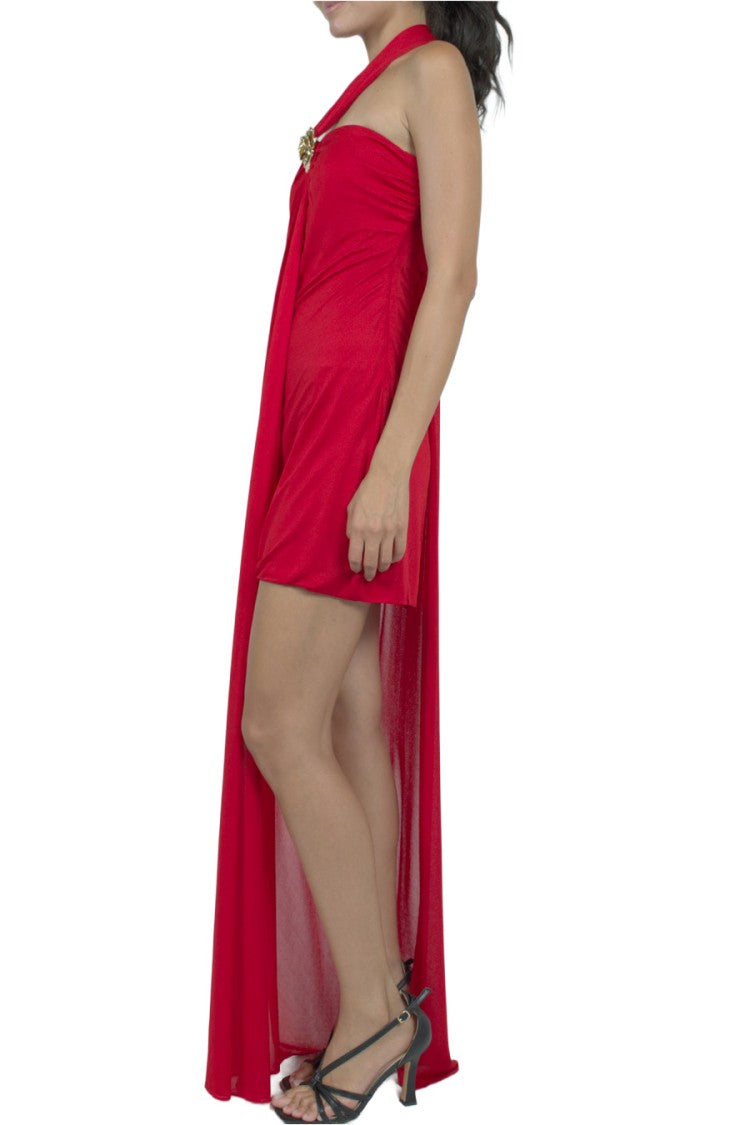 Blumarine Red Draped Asymmetric Jewelled Viscose Evening Dress