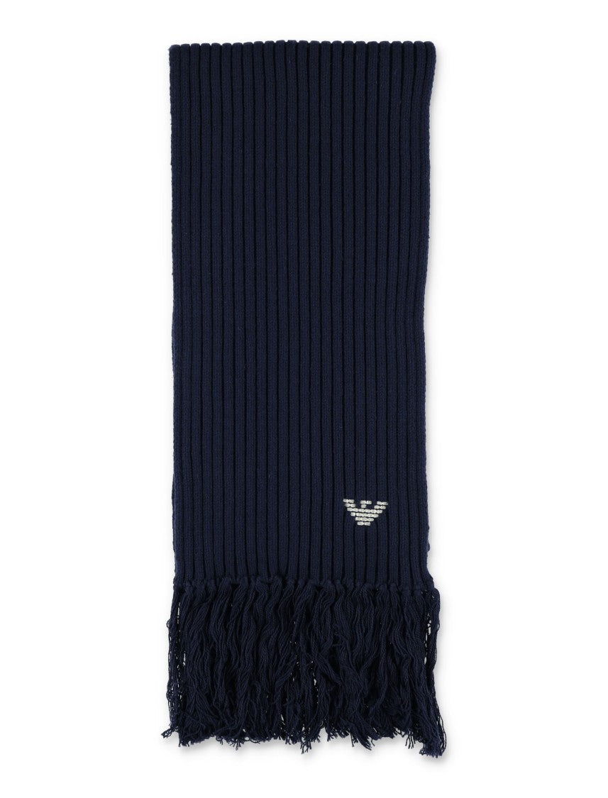 Emporio Armani Ribbed Wool Scarf With Decorative Fringes
