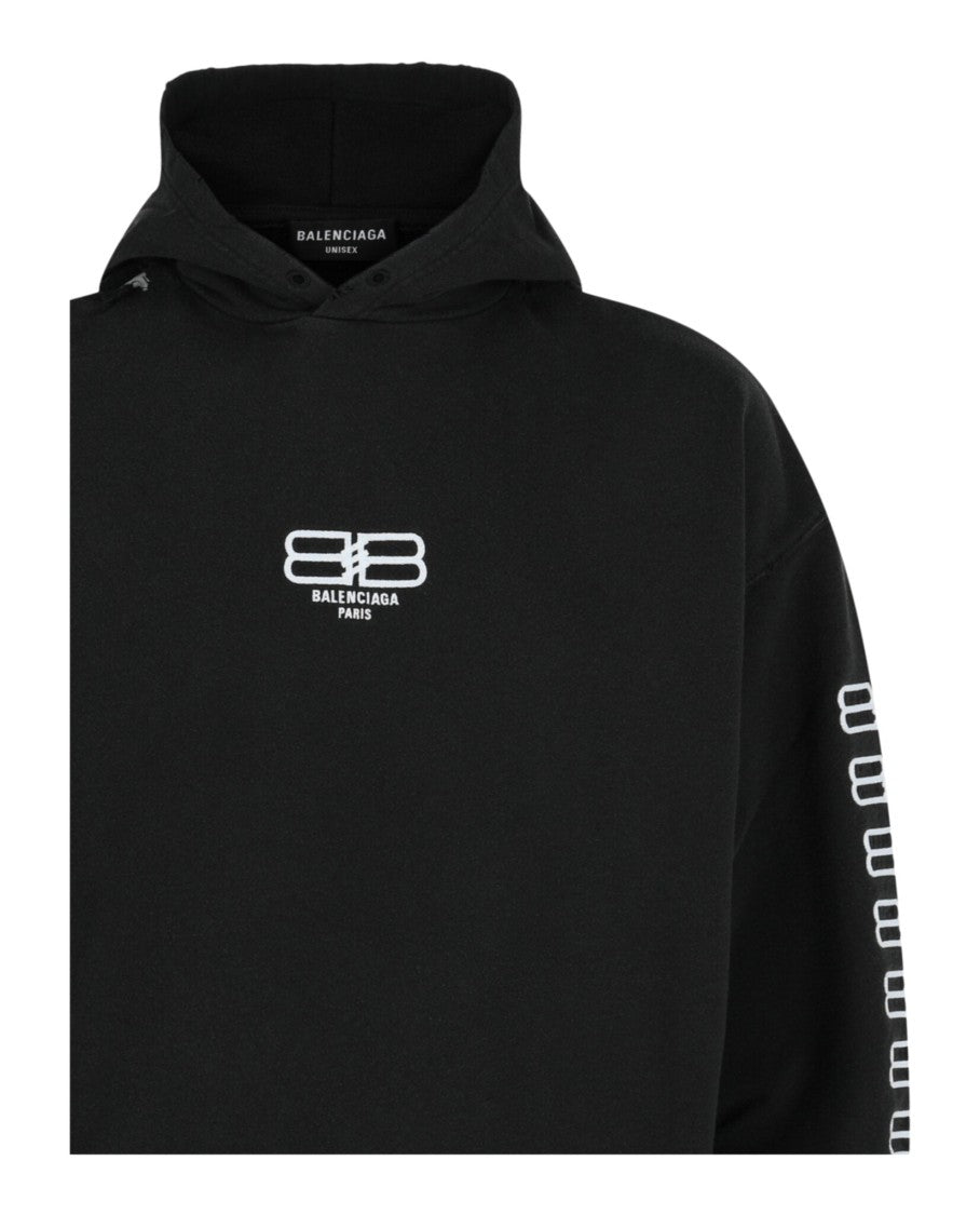 Balenciaga Oversized Black Cotton Hoodie With Embroidered Logos
