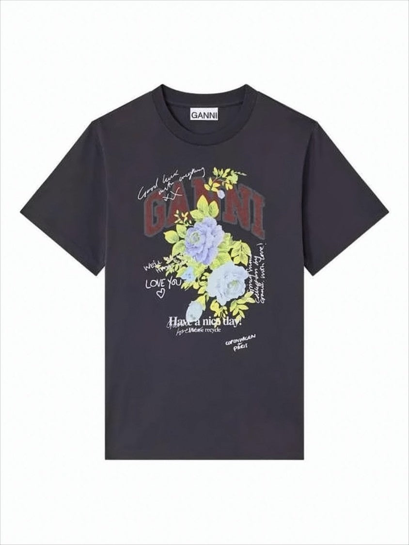 Ganni Relaxed Fit Graphic T-Shirt With Floral Motif