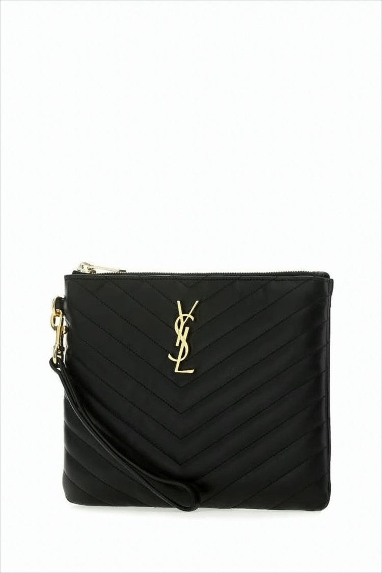 Saint Laurent Chevron Quilted Black Calf Leather Clutch