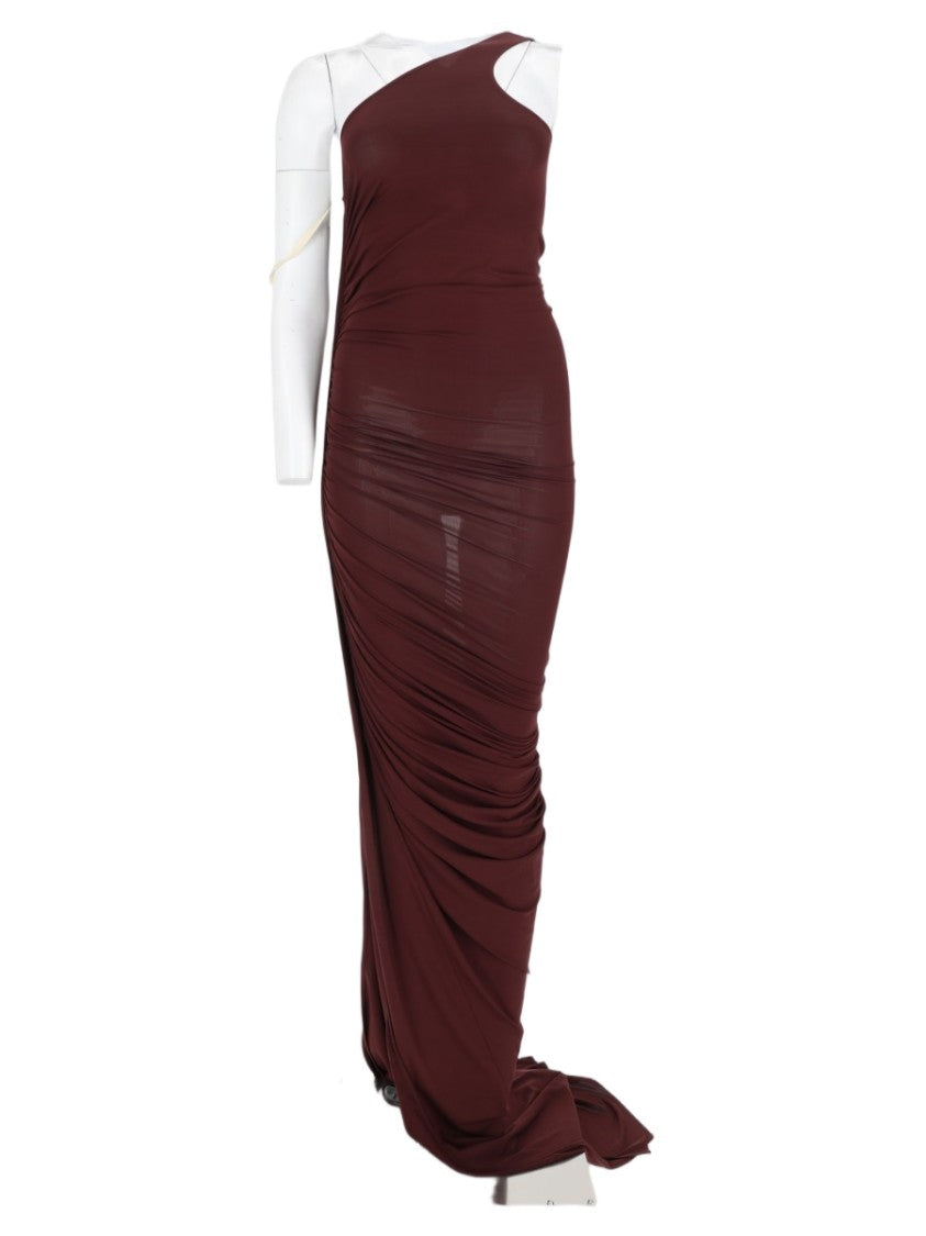 Rick Owens X Lilies Bordeaux One-Shoulder Ruched Viscose Maxi Dress