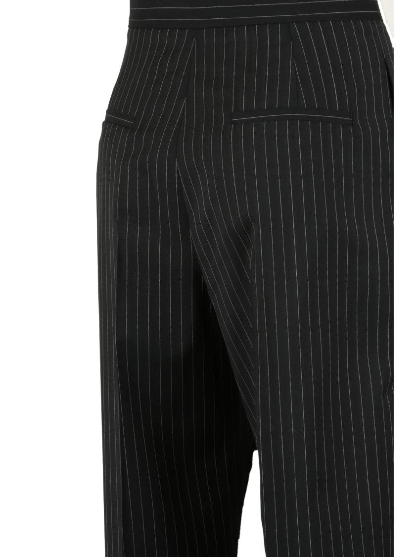 Max Mara Tapered Black Trousers With Subtle White Pinstripes In Virgin Wool