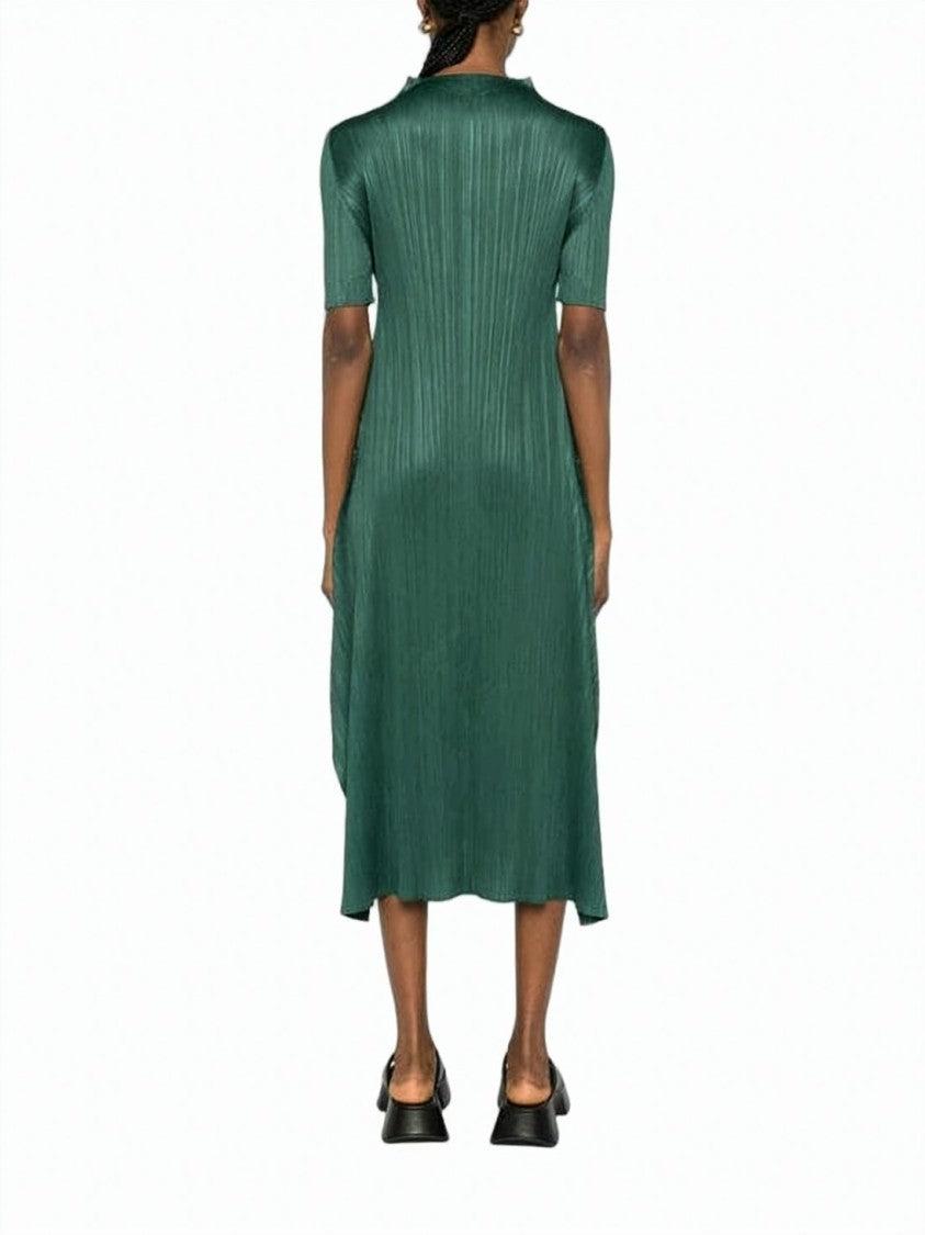 Pleats Please Asymmetrical Midi Dress With Pleated Texture And V-Neckline