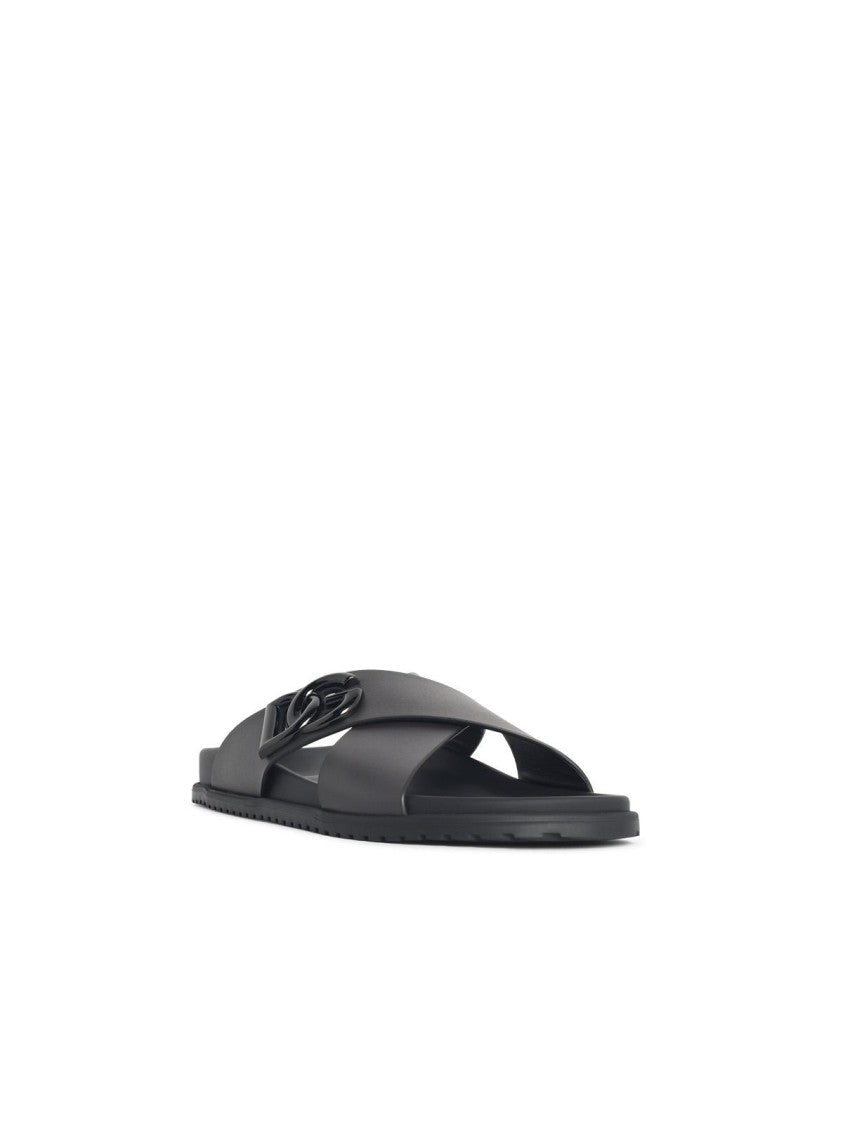 Dolce & Gabbana Black Leather Slippers With Double Crossed Band