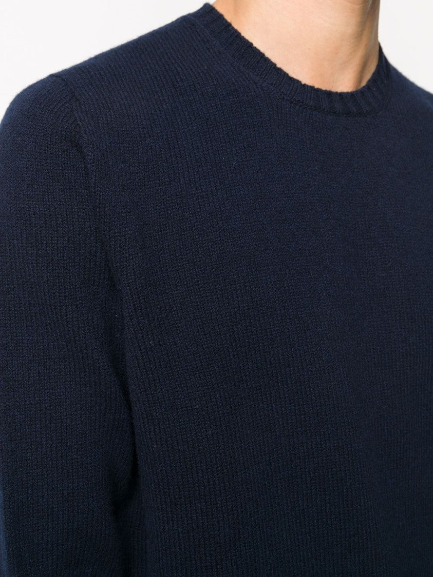 Drumohr Ribbed Hem Long-Sleeve Navy Fine Knit Sweater