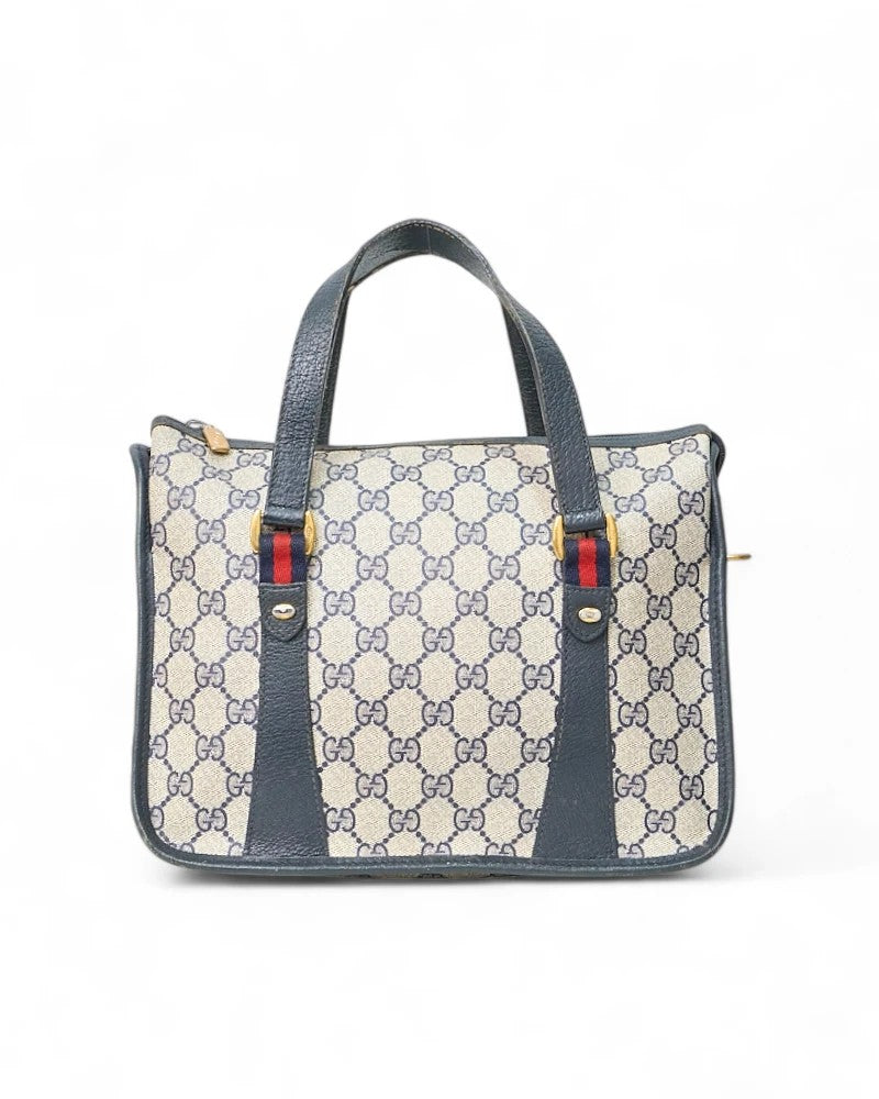Gucci Vintage Gg Supreme Canvas Shopper Bag With Blue Leather Accents