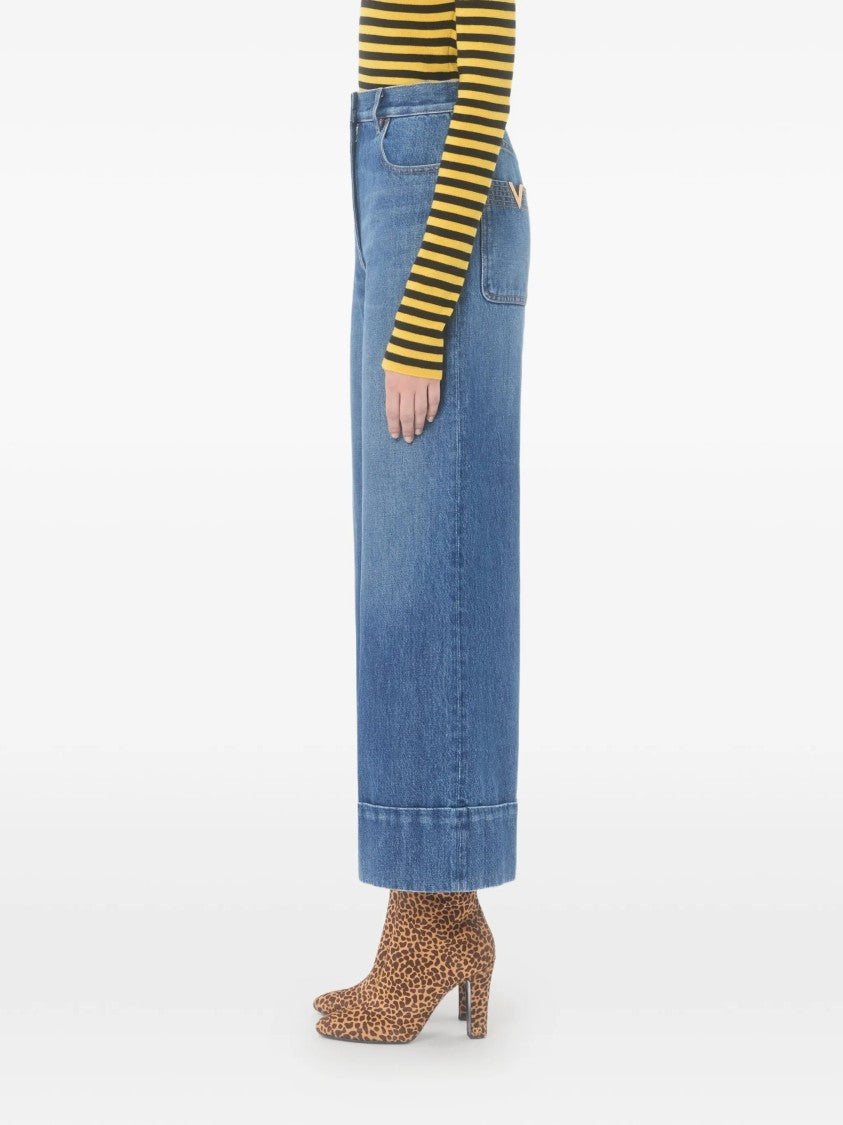 Valentino Medium Blue Wide-Leg Cuffed Denim Jeans