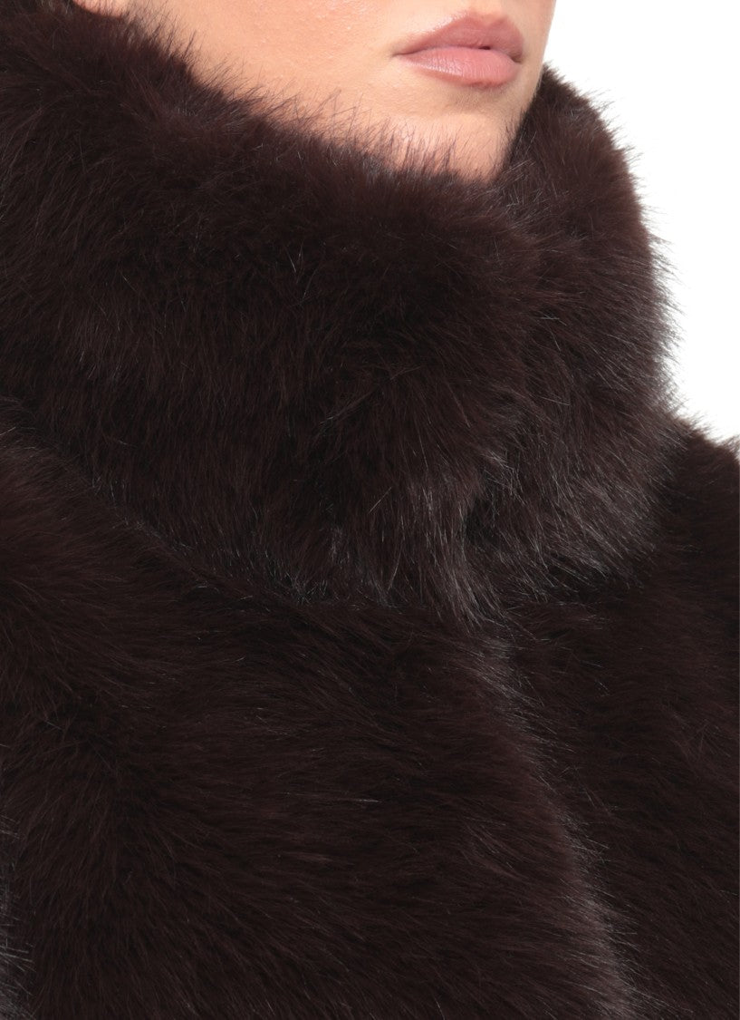 Rotate Brown Cropped High-Neck Fur Jacket