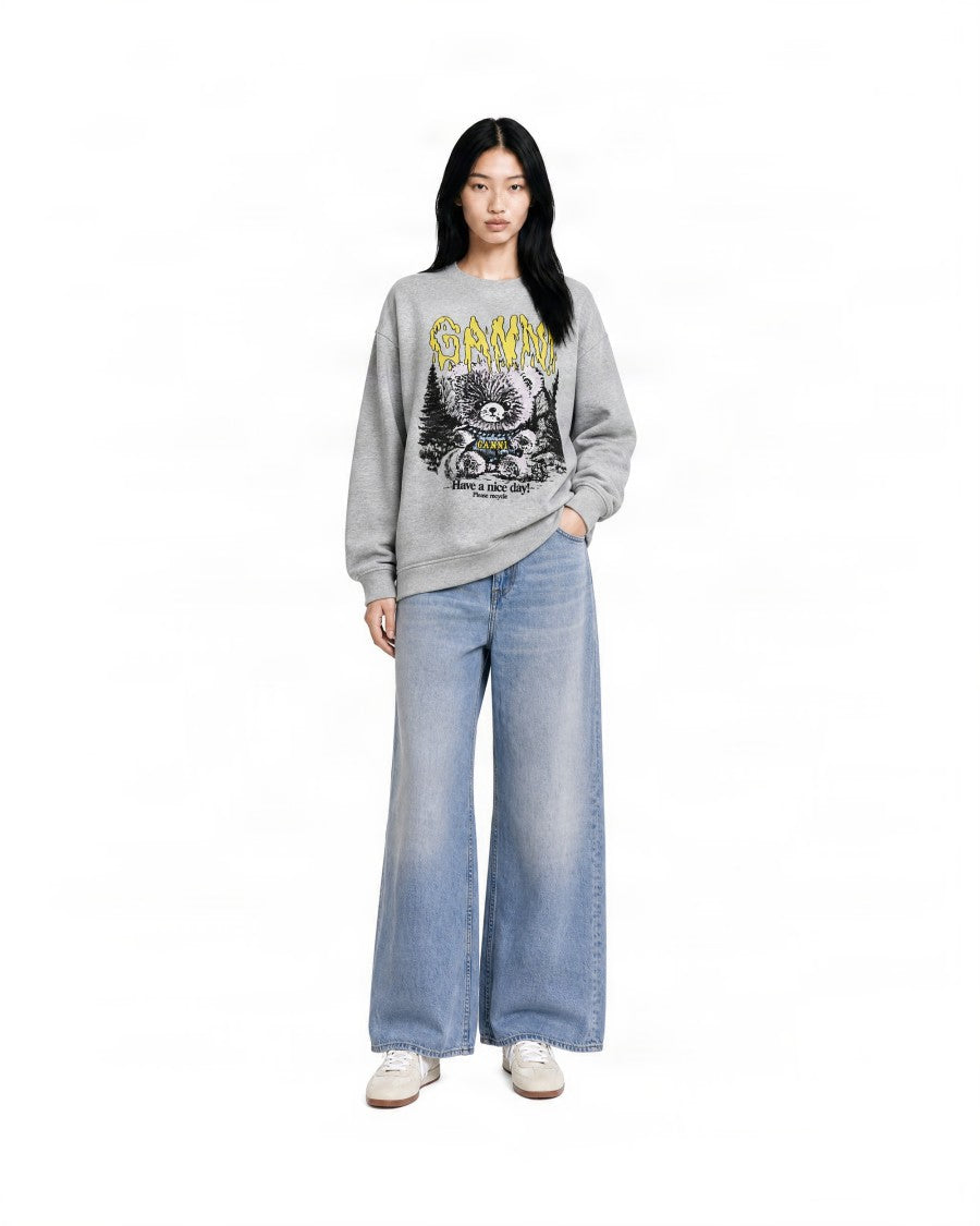 Ganni Heather Grey Graphic Print Cotton T-Shirt