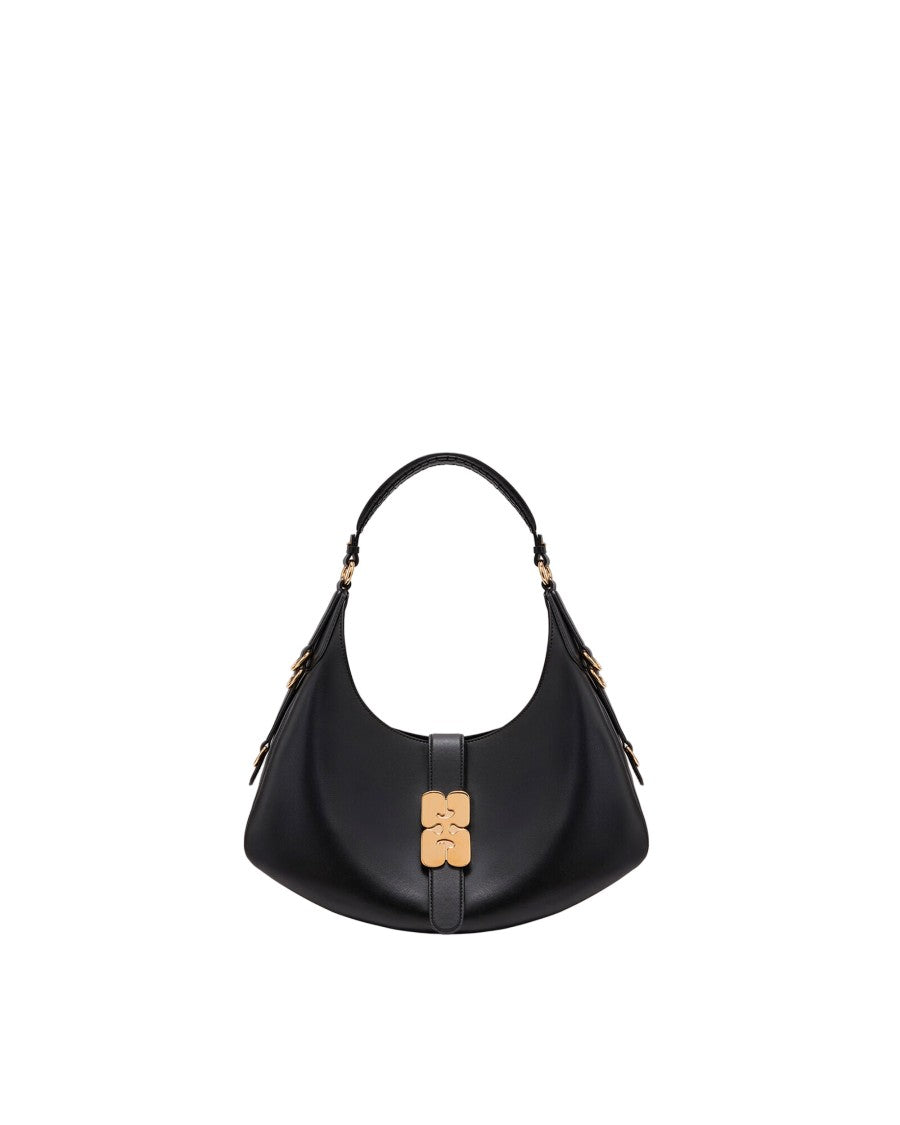 Ganni Pleated Black Handbag With D-Ring Details And Logo Buckle