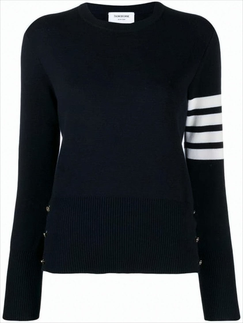 Thom Browne Black Cotton Sweater With Striped Detailing And Button Accents