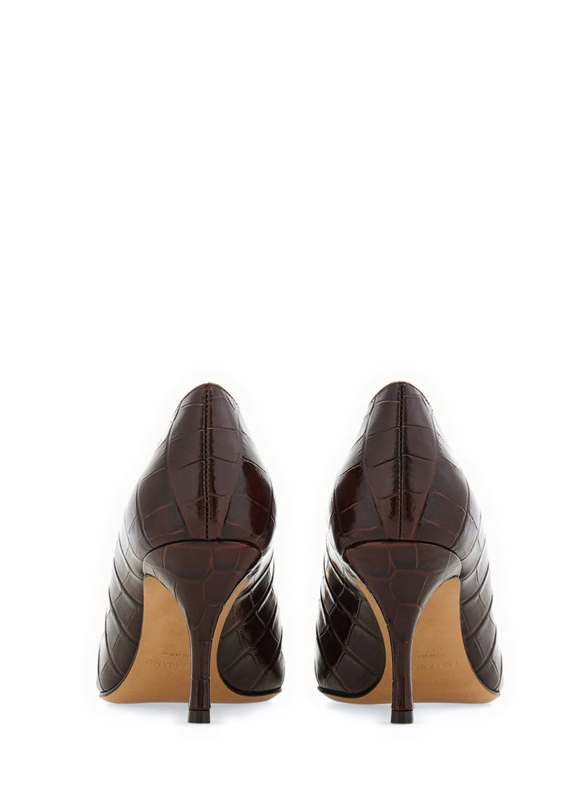 Ferragamo Pointed-Toe Croc-Embossed Heels With Gold Buckle Detail
