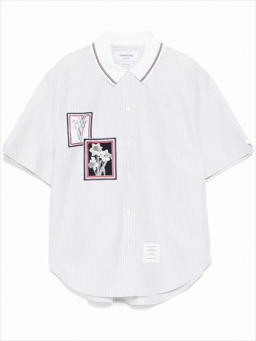 Thom Browne Relaxed Fit Short-Sleeved Blouse With Pinstripes And Floral Details