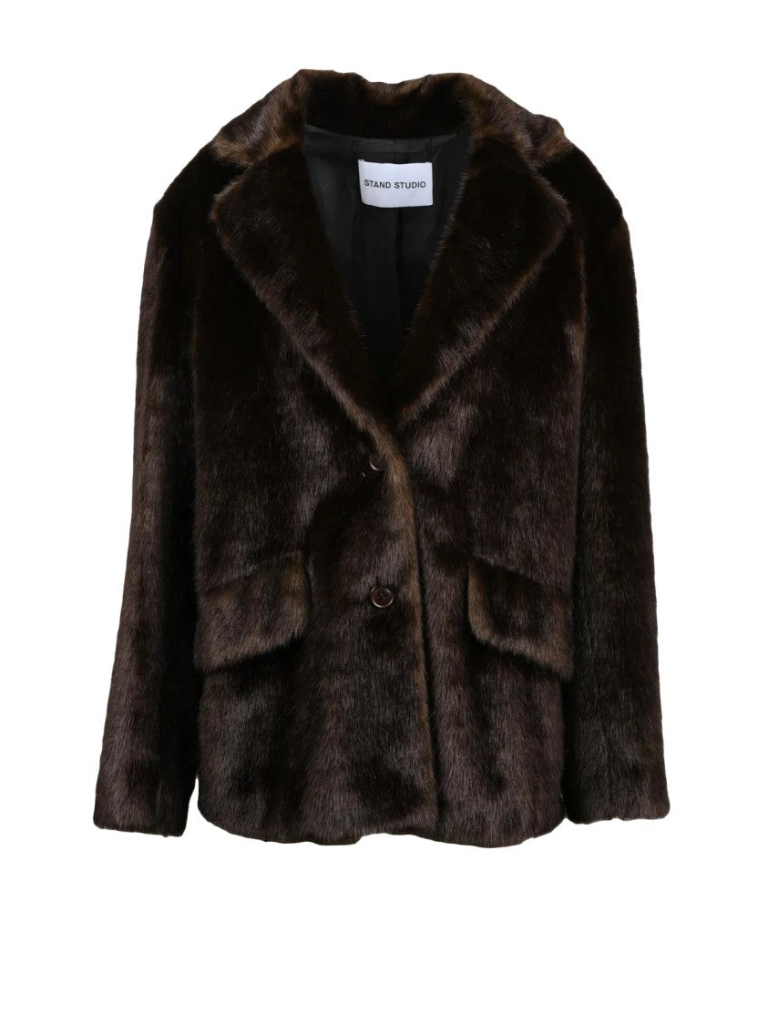 Stand Studio Brown Button Front Faux Fur Coat