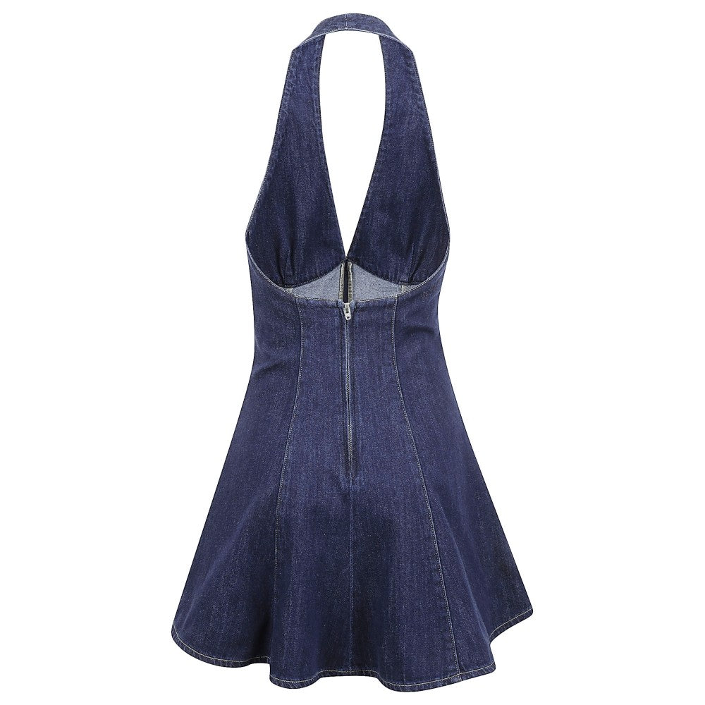 Mc2 Saint Barth Dark Blue Denim Mini Dress With Halter Neckline