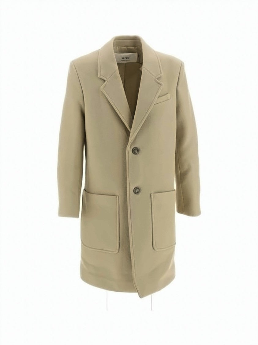 Ami Paris Classic Tailored Wool Coat With Notched Lapel