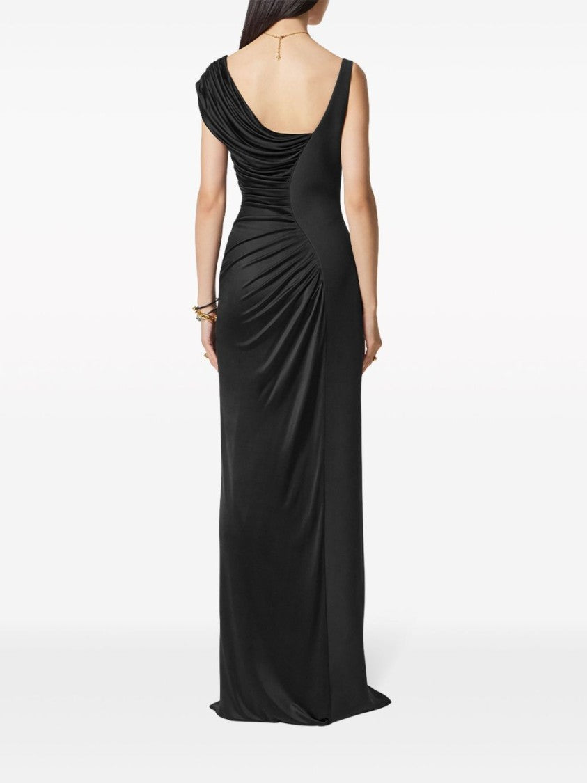Versace Asymmetric Draped Black Crepe Envers Satin Dress