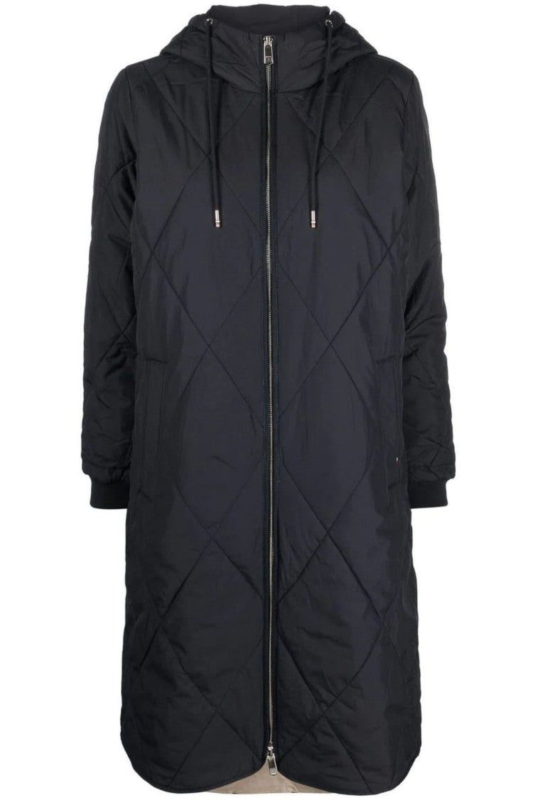 Tommy Hilfiger Quilted Blue Puffer Coat With Adjustable Hood And Ribbed Cuffs