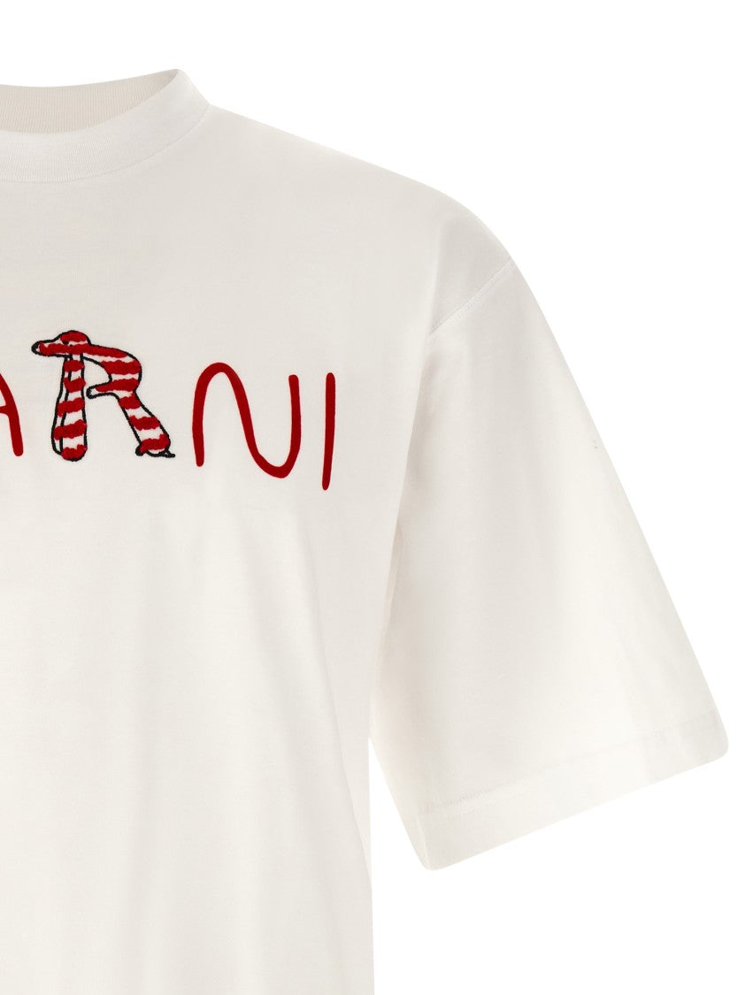 Marni Cotton Crewneck T-Shirt With Velvet Flocked Logo