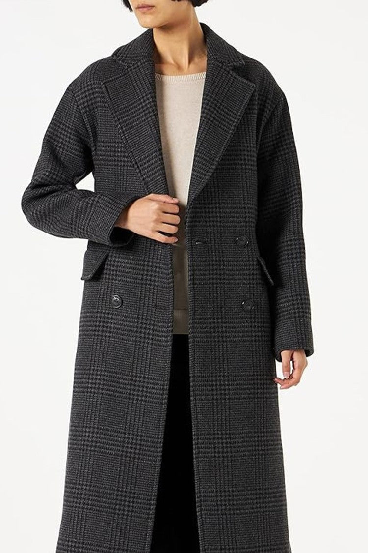 Pinko Grey Double-Breasted Houndstooth Check Wool-Blend Coat