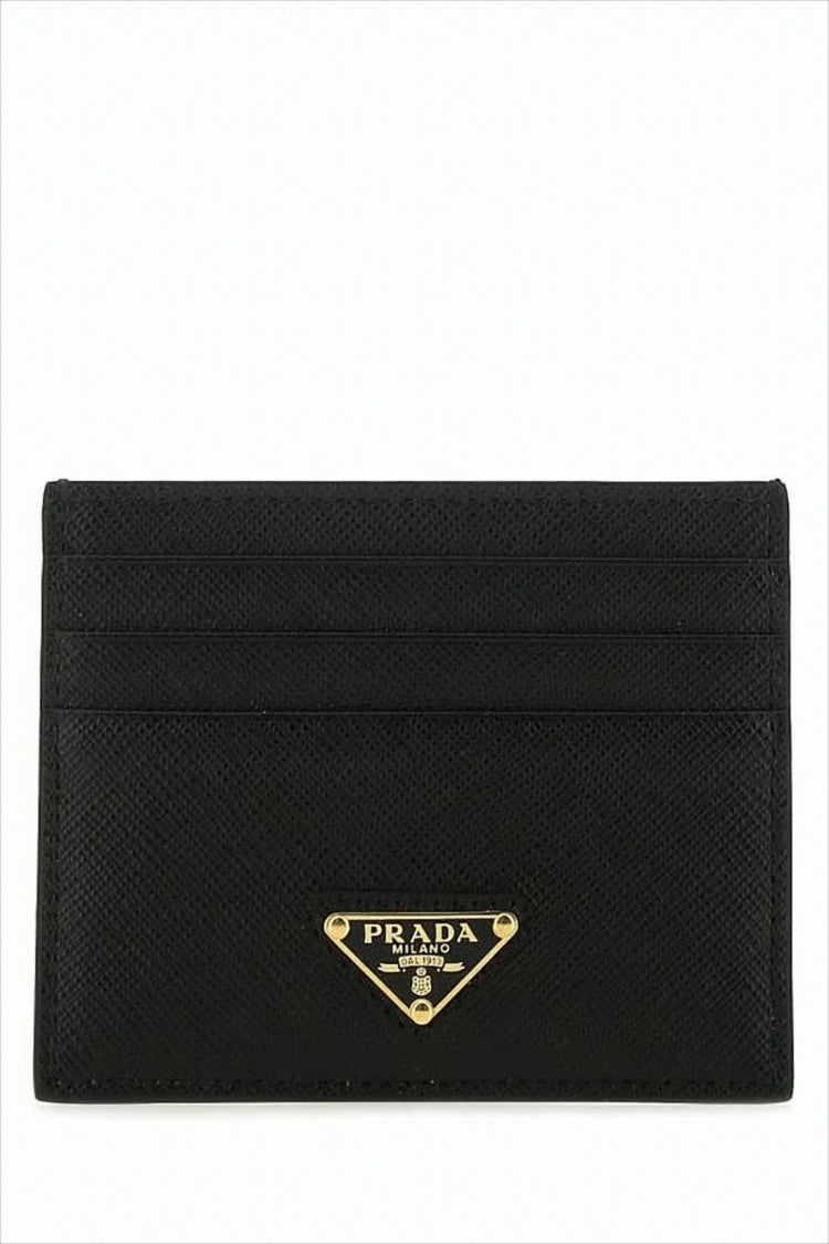 Prada Textured Black Card Wallet With Triangular Gold-Tone Logo