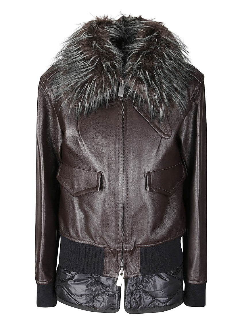 Sacai Leather Blouson With Plush Fur Collar